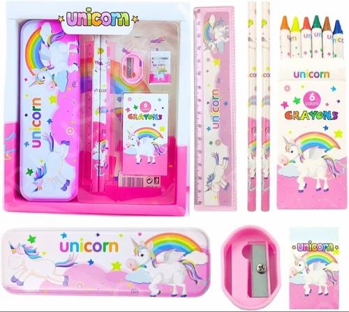 Unicorn Cartoon character themed Stationery kit set for kids Metal box,Pencils,Sharpener,Eraser,Scale, Crayon Birthday Return Gifts