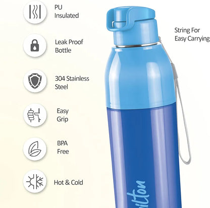 Milton Water Bottle Steel Convey 600 PU Insulated, Inner Stainless Steel Hot & Cold Bottle, 520 ml, Leak Proof, BPA Free, Ideal for Home, Office, Gym, Travelling, Blue