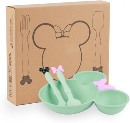 Wheat Straw Fiber Tableware Set of Feeding Plate, Fork and Spoon for Kids Minnie Meal Bowl with Spoon & Fork Set for Baby/Toddler