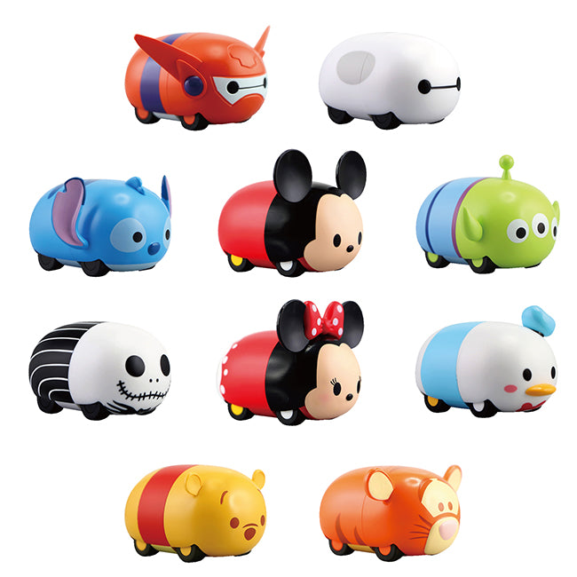 Spinning car Disney Tsum Tsum die-cast metal toy cars in their original packaging. They are designed as cartoon versions of popular Disney