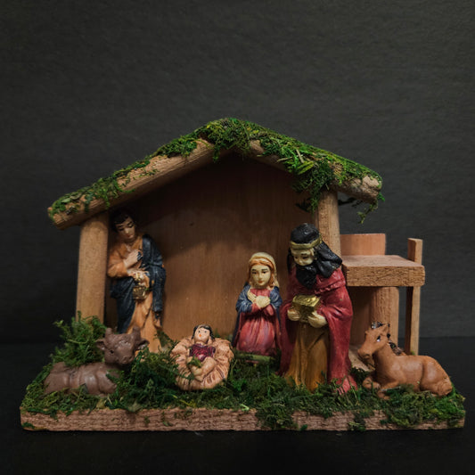 Wooden Hut with Polymarble Made Mary Joseph Baby Jesus Lamb Nativity Set Crib Set