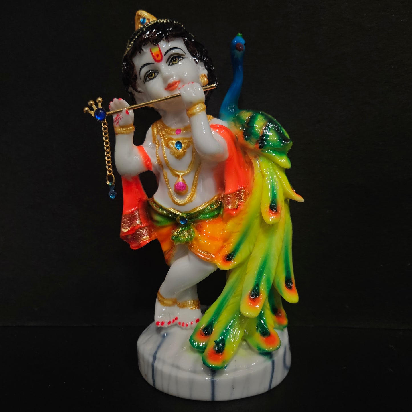 Lord little Krishna murti in danceing position with peacock playing flute Idol for home pooja