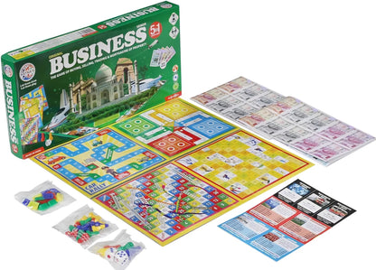 Business India Board Game 5 in 1 Board Game with Other Games Like Ludo Snakes Ladder Car Rally and Cricket