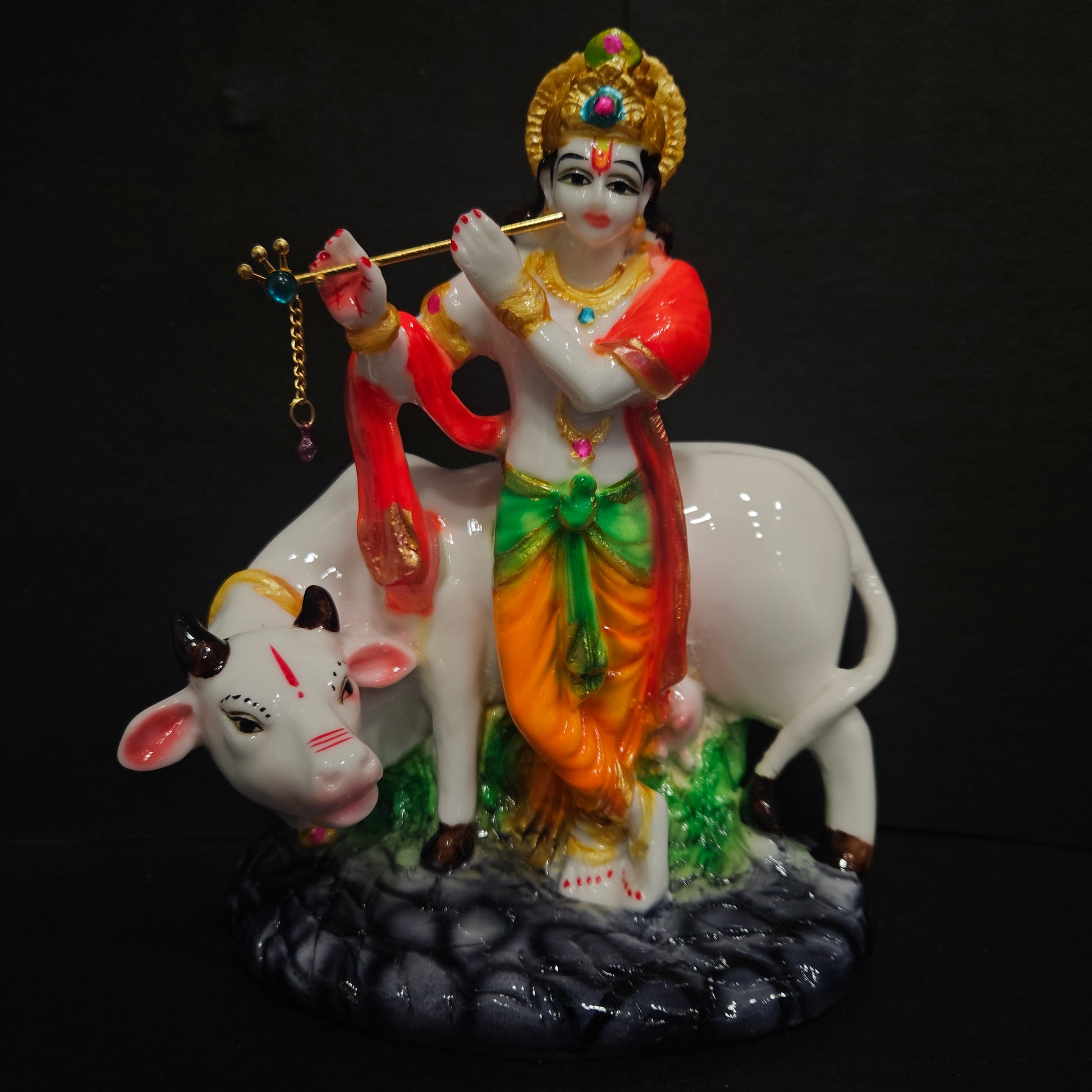 Lord Krishna murti with cow playing flute Idol for home pooja