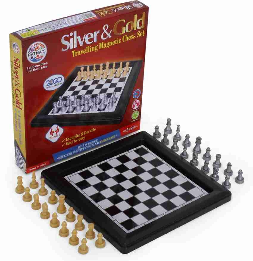 Silver and Gold colour travelling magnetic chess set for kids and Adults