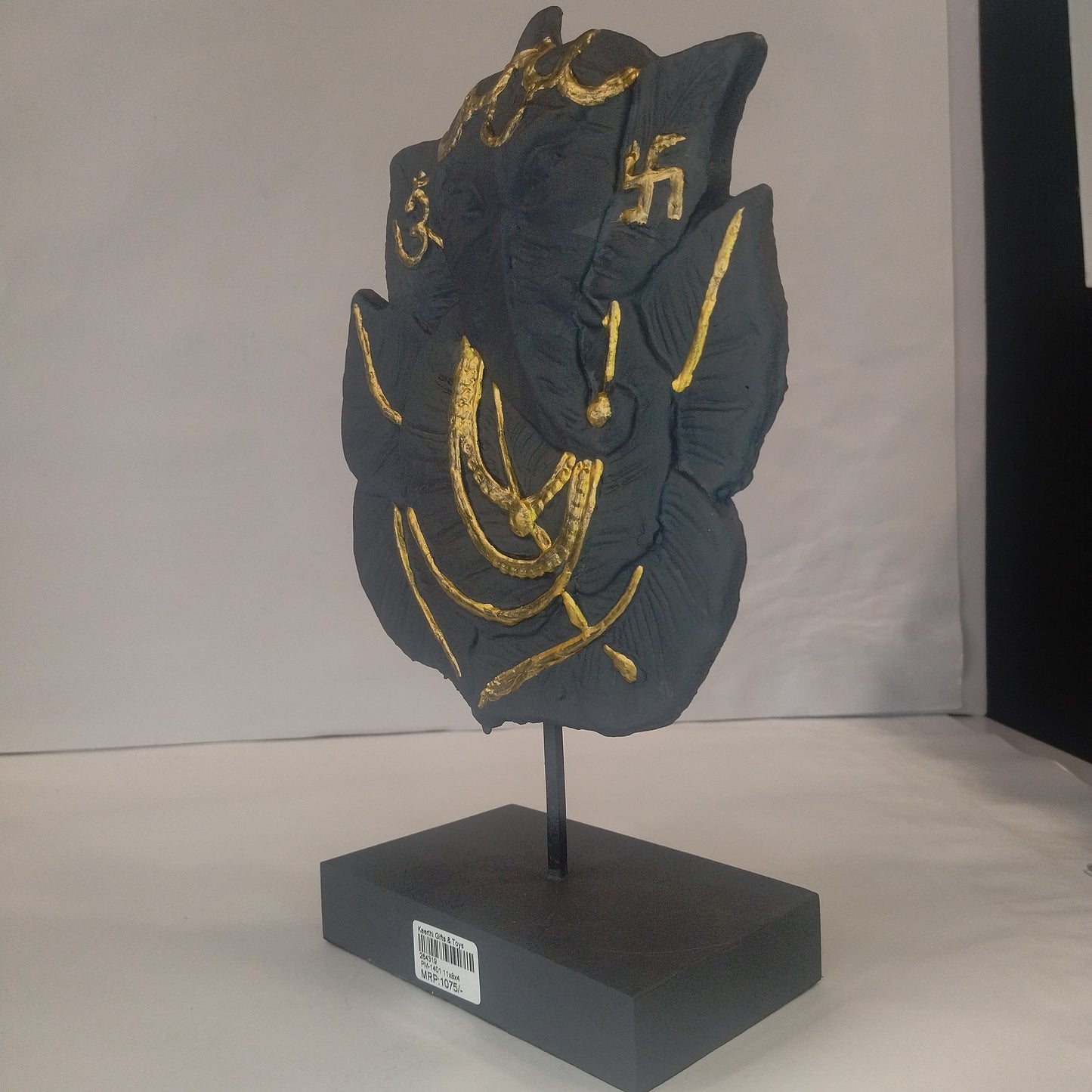 Paper Machie Ganesh Leaf on Base Wood Black Gold Finish showpiece