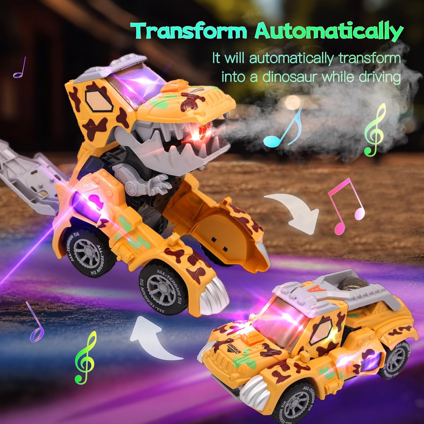 2 in 1 Automatic Dinosaur Transformer Car Toy Transforming Dinosaur Car with Light and Music and Smoke Mist Dinosaur Toys for Kids Boys Girls