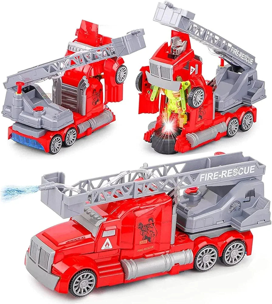 Fire Brigade Rescue Ladder Truck with Water Sprayable Cannon Deformable Robot Fire Truck Toy with Lights and Siren Sound Water Pump Hose to Shoot Water for Boys and Kids Birthday