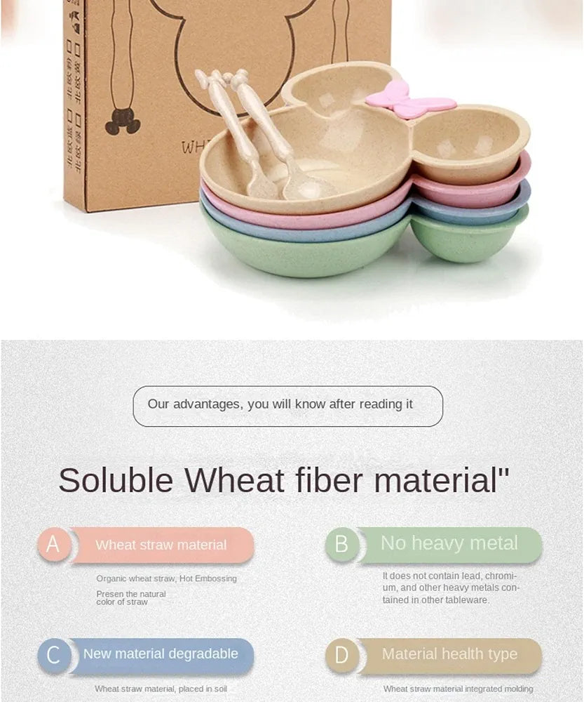 Wheat Straw Fiber Tableware Set of Feeding Plate, Fork and Spoon for Kids Minnie Meal Bowl with Spoon & Fork Set for Baby/Toddler