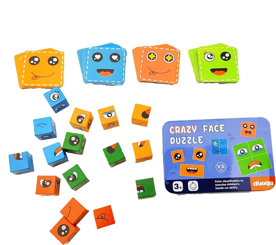 Face Changing Cube Building Blocks Puzzle Wooden Rubiks Cube Face Expression Toy Educational Face Matching Family Board Game For Kids Brain Development