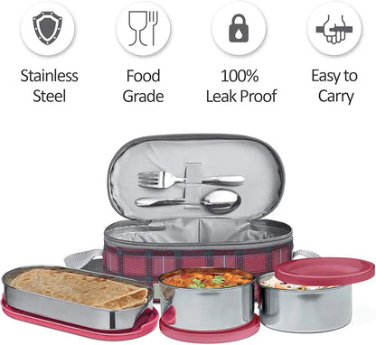 MILTON Corporate Lunch Stainless Steel Containers, Set of 3, (280 ml, 280 ml, 472 ml), Maroon Light Weight Odour Proof Leak Proof