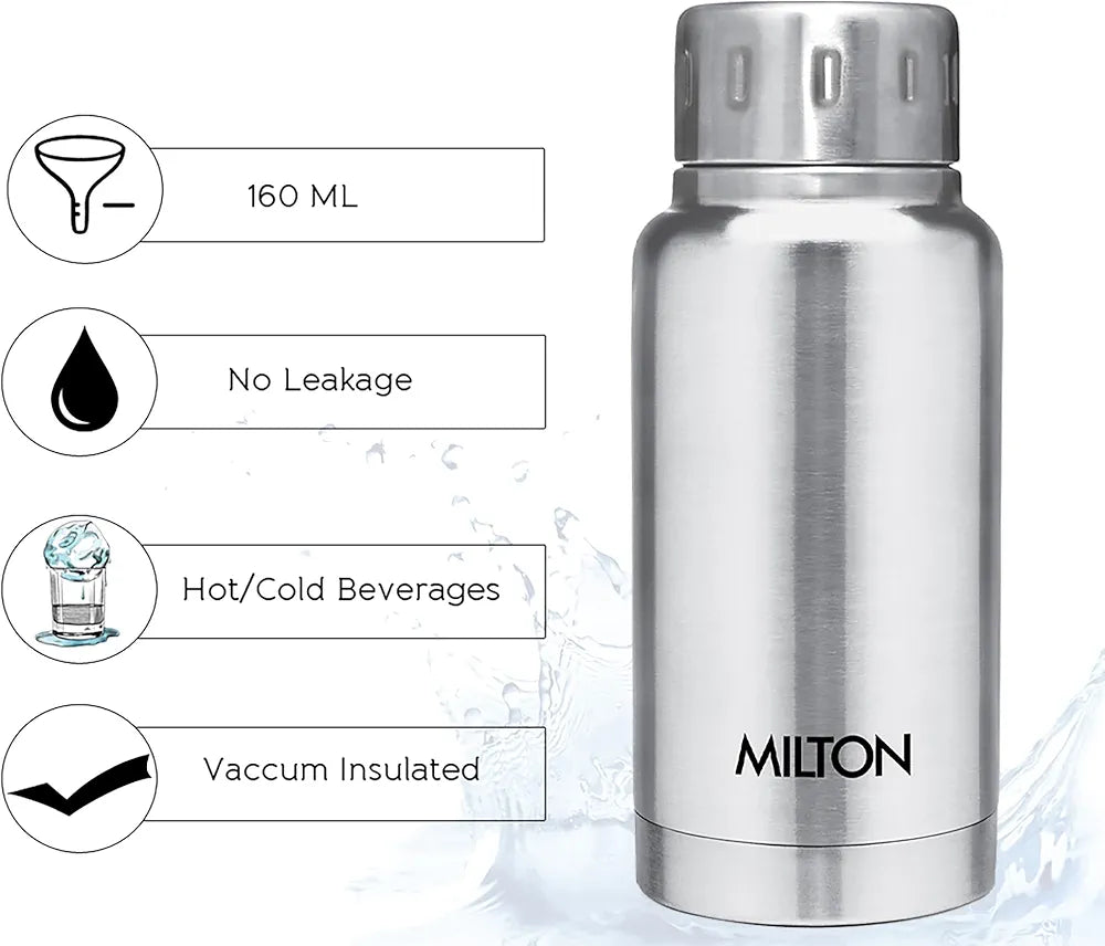 Milton Elfin 160, Double Wall Vacuum Insulated Water Bottle, 160ml Hot & Cold Water Bottle,Stainless Steel, Compact Flask, Durable Body,Leak Proof Easily Water Bottle