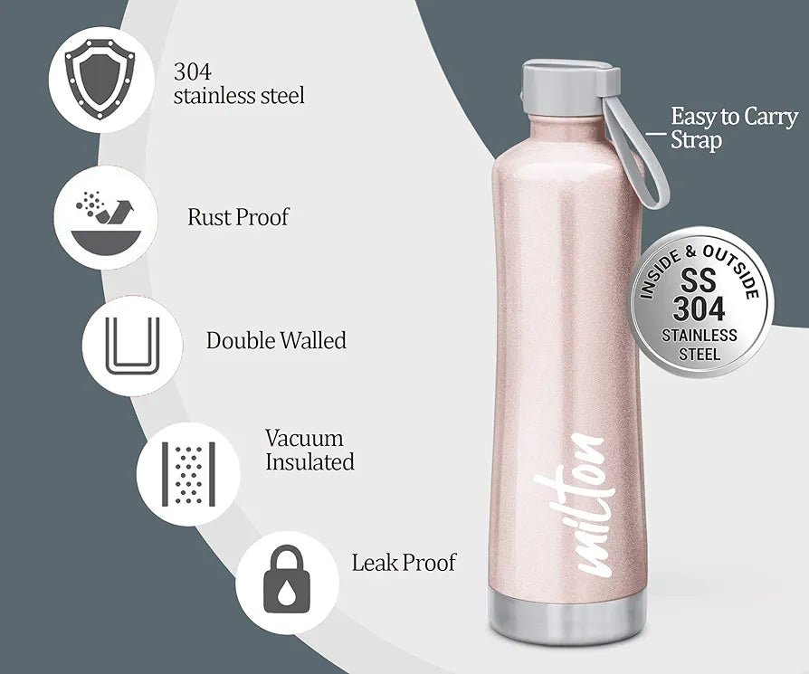 Milton New Tiara 900 Stainless Steel 24 Hours Hot and Cold Water Bottle, 750 ml, Rose Gold Vacuum Insulated double walled easy grip Leak Proof Water bottle