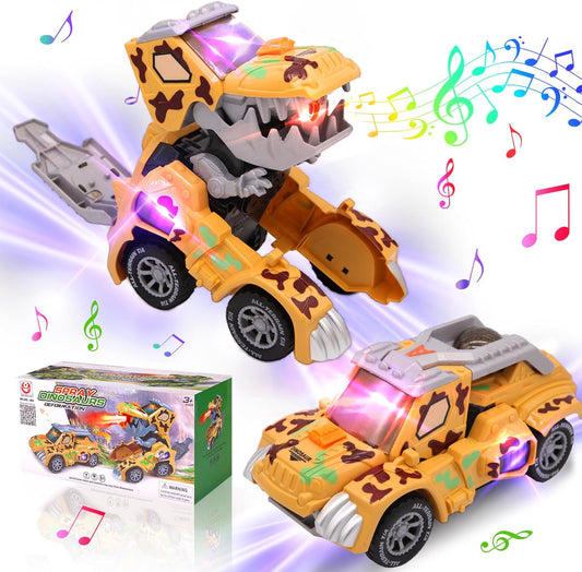 2 in 1 Automatic Dinosaur Transformer Car Toy Transforming Dinosaur Car with Light and Music and Smoke Mist Dinosaur Toys for Kids Boys Girls