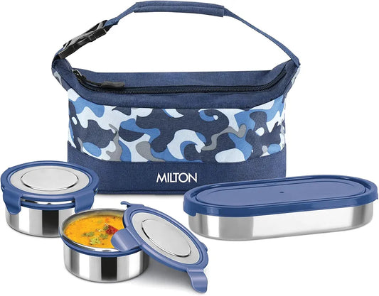 MILTON Camo Delight Stainless Steel Tiffin (2 Click Lock Round Containers, 380 ml Each; 1 Oval Container, 450 ml) with Insulated Jacket, Blue | Leak & Odour Proof | Office Lunch Box