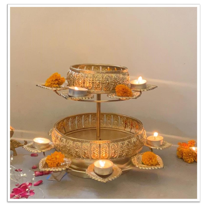 Electric Rotating Metal Urli with Diya / light Holders