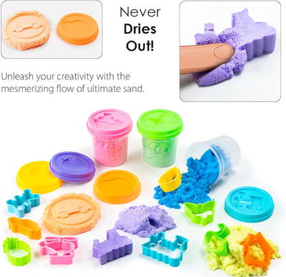 6in1 Ultimate Sand Having 6 Tubs of Different Color Sand 70g Each and 18 Moulds Smooth Non Sticky Kinetic Sand Kit Activity Toys for Kids