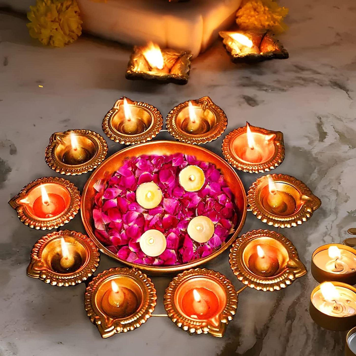 Diya Flower shape Decorative Urli Bowl for Home Handcrafted Bowl for Floating Flowers and Tea Light Candles for diwali