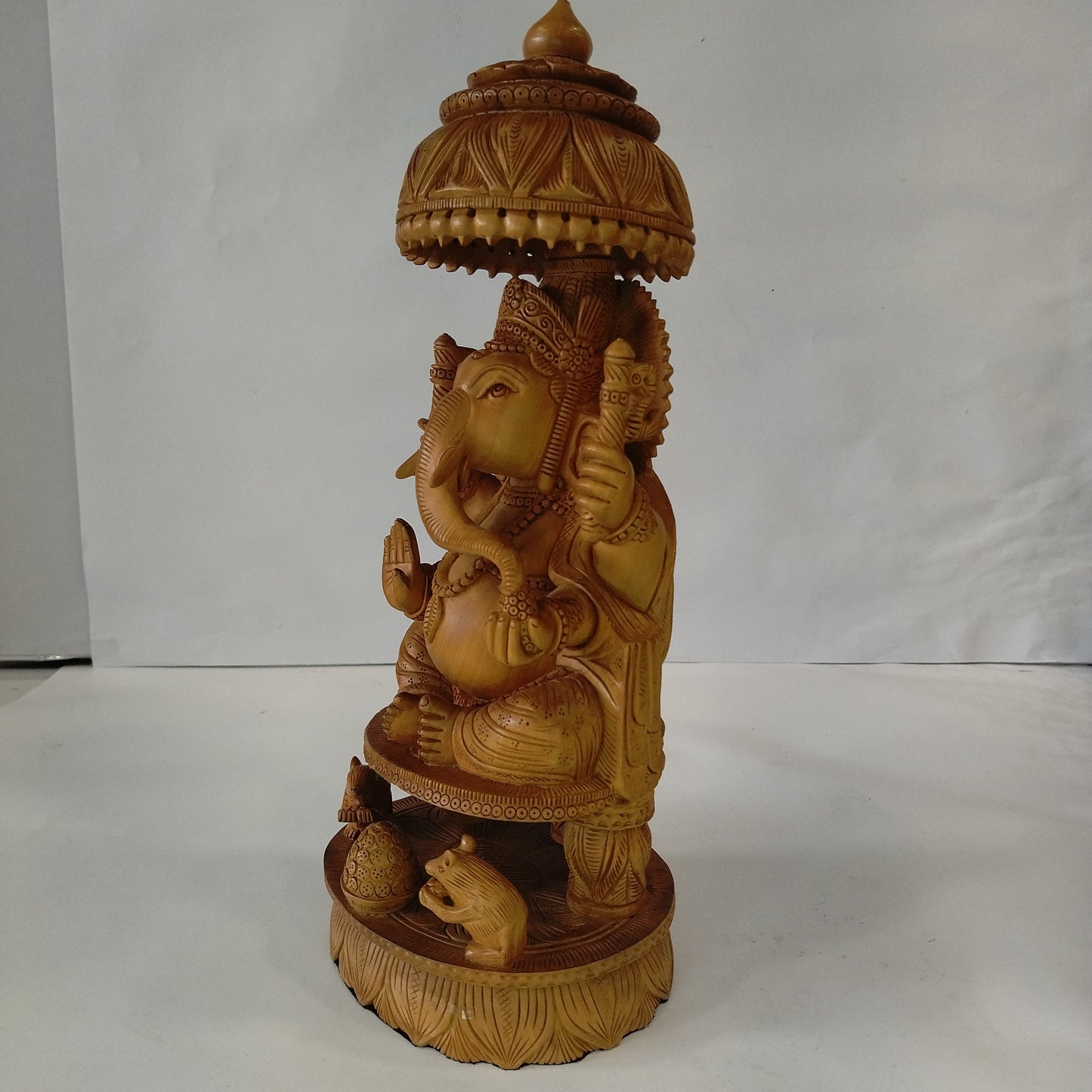 Wooden Ganesh W/Umb. On Base W/2 Rats Super Fine