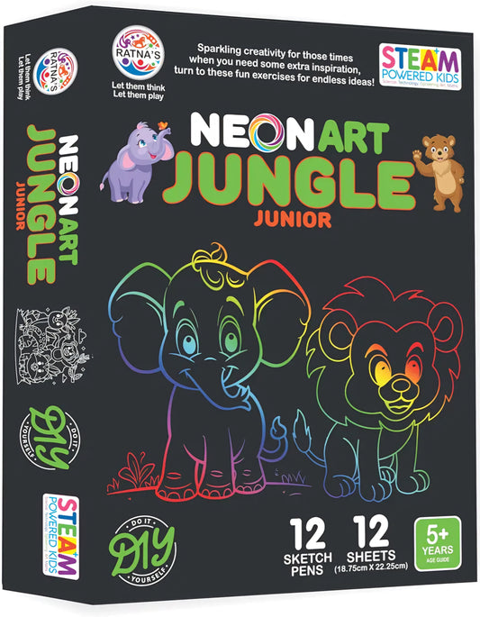 Neon Art Jungle Junior Creative Coloring Kit with 12 Sheets and 12 Sketch Pens Creative Coloring Fun for All Ages