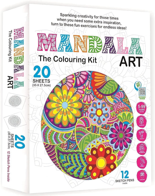 Mandala Art Coloring Kit Mandla Art Kit Set for Kids and Artists 20 Sheets and 12 Sketch Pens Gift and Creative Coloring Fun A Perfect Coloring Kit Suitable for All Ages