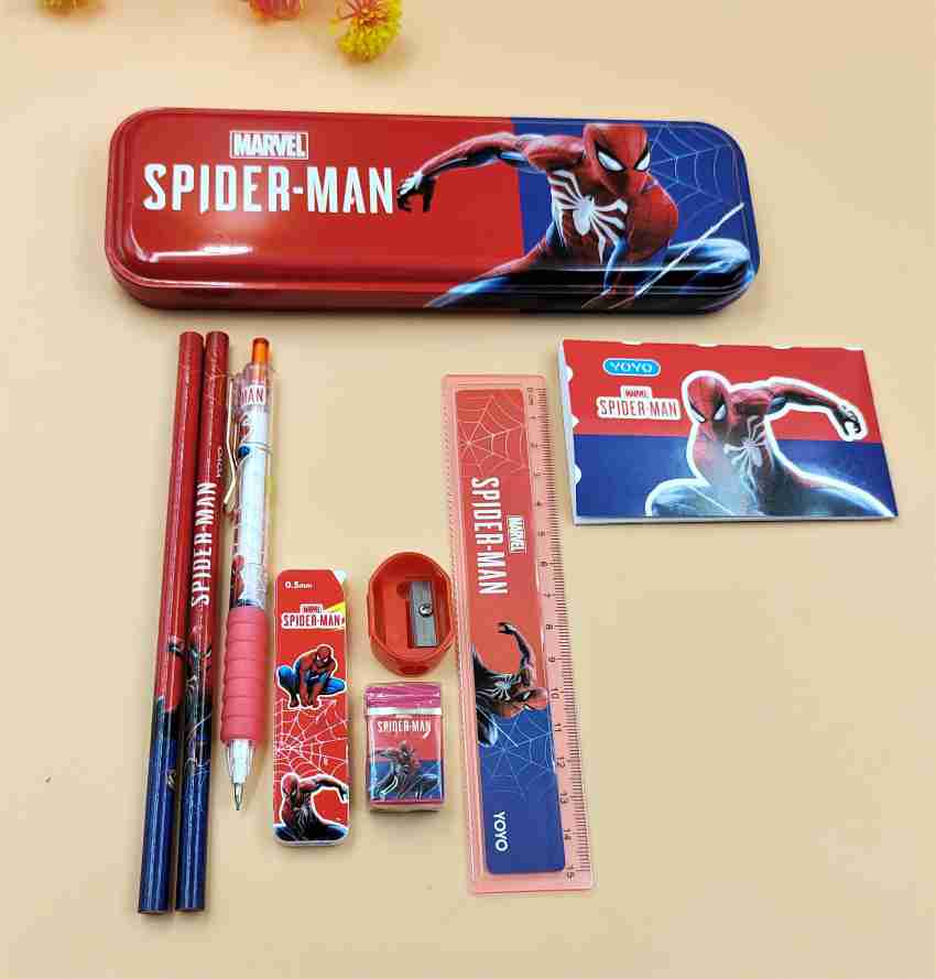 Marvel Spiderman stationery kit set with Metal box,pencils,Sharpener,Eraser,click pencil,note book,Scale set for kids