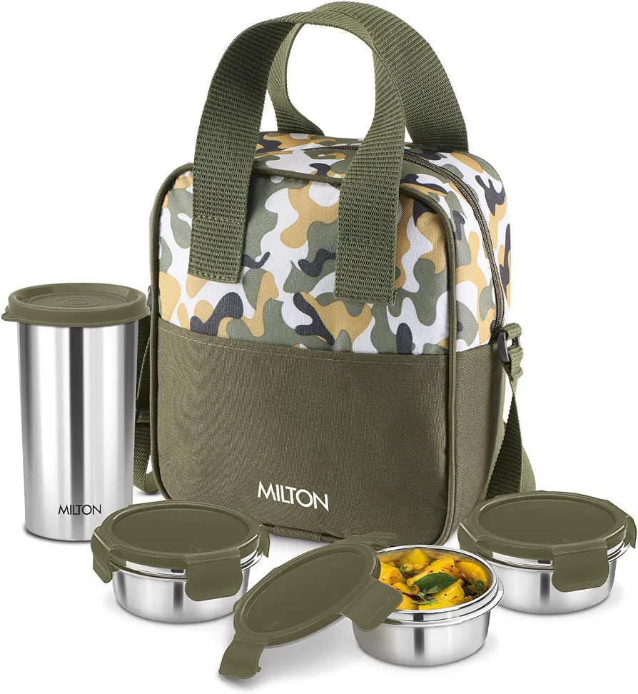 MILTON Camo Feast Stainless Steel softline Tiffin (3 Click Lock Round Containers, 300 ml Each; 1 Tumbler, 400 ml) with Insulated Jacket, Green