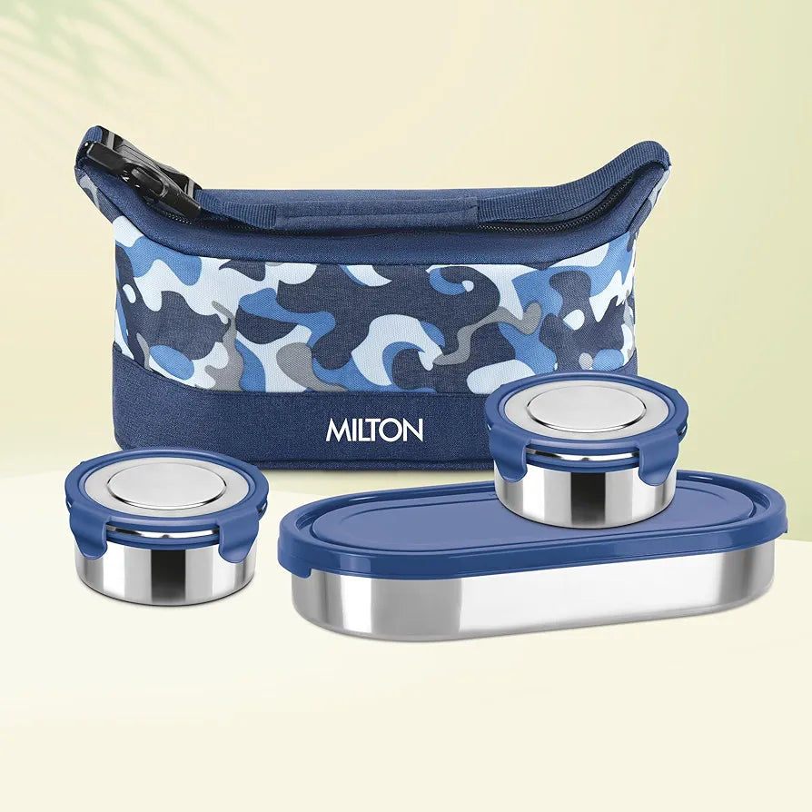 MILTON Camo Delight Stainless Steel Tiffin (2 Click Lock Round Containers, 380 ml Each; 1 Oval Container, 450 ml) with Insulated Jacket, Blue | Leak & Odour Proof | Office Lunch Box