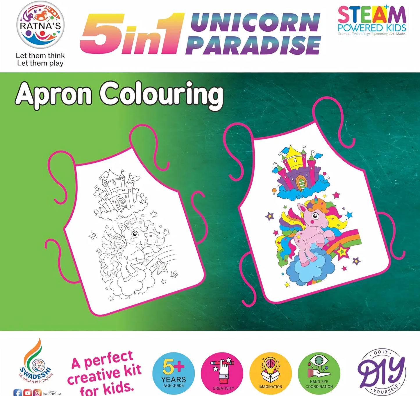 Unicorn 5 in1 Paradise Unicorn Paradise Kit with Activities Like Mandala Art Jigsaw Puzzle Apron Colouring Paper Bag Making and Greeting Card Making Art and Craft Creative Kit for Kids 5 Years