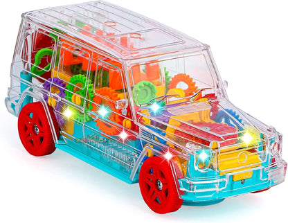 Toys for Kids Transparent Concept SUV Car Offroad Musical Sound Toy with Flashing Lights 360 Degree Rotation Bump and Go Toys for Boys Girls Birthday Gifts