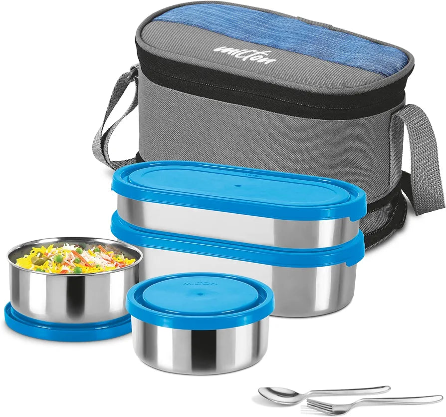 MILTON Triple Decker Lunch Box, 2 Oval Containers 2 Round Container each and Cutlery with Insulated Bag, Office Tiffin for Men, Women, Leak-Proof, Easy to Carry