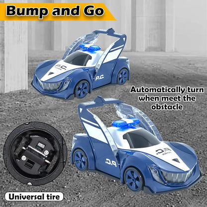 Police Car Bump and Go Toys for Kids 360 Degree Rotating Deformation Car Battery Operated Police Car Musical Toy with Lights Blue 3 Years above