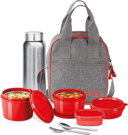 MILTON Savor Lunch Box with Insulated Jacket, 3 Inner Stainless Steel Containers,Steel Bottle,Spoon & Fork Microwaveable & Leak-Proof lunch box