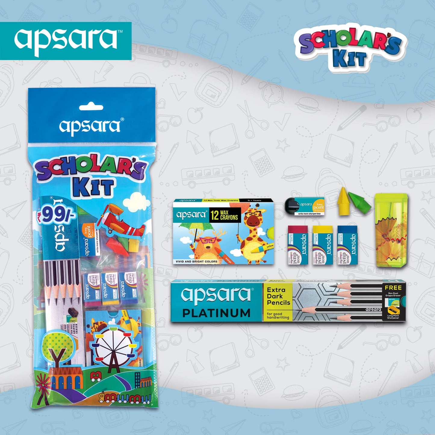 Apsara Scholars Kit All basic stationery needs in one pack Ideal for gifting Attractive pack for the gifting All Stationery Kit use for Exam & Daily perpose Back to School Kit Pack of 1