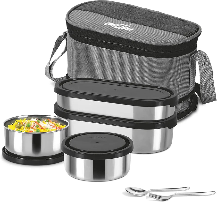 MILTON Triple Decker Lunch Box, 2 Oval Containers 2 Round Container each and Cutlery with Insulated Bag, Office Tiffin for Men, Women, Leak-Proof, Easy to Carry