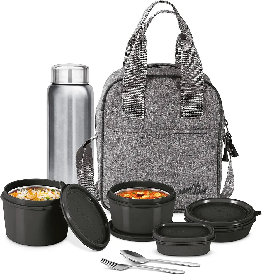 MILTON Savor Lunch Box with Insulated Jacket, 3 Inner Stainless Steel Containers,Steel Bottle,Spoon & Fork Microwaveable & Leak-Proof lunch box