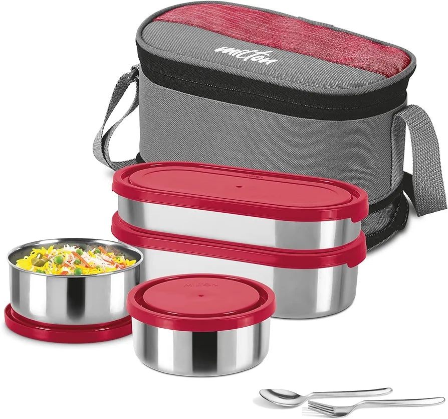 MILTON Triple Decker Lunch Box, 2 Oval Containers 2 Round Container each and Cutlery with Insulated Bag, Office Tiffin for Men, Women, Leak-Proof, Easy to Carry