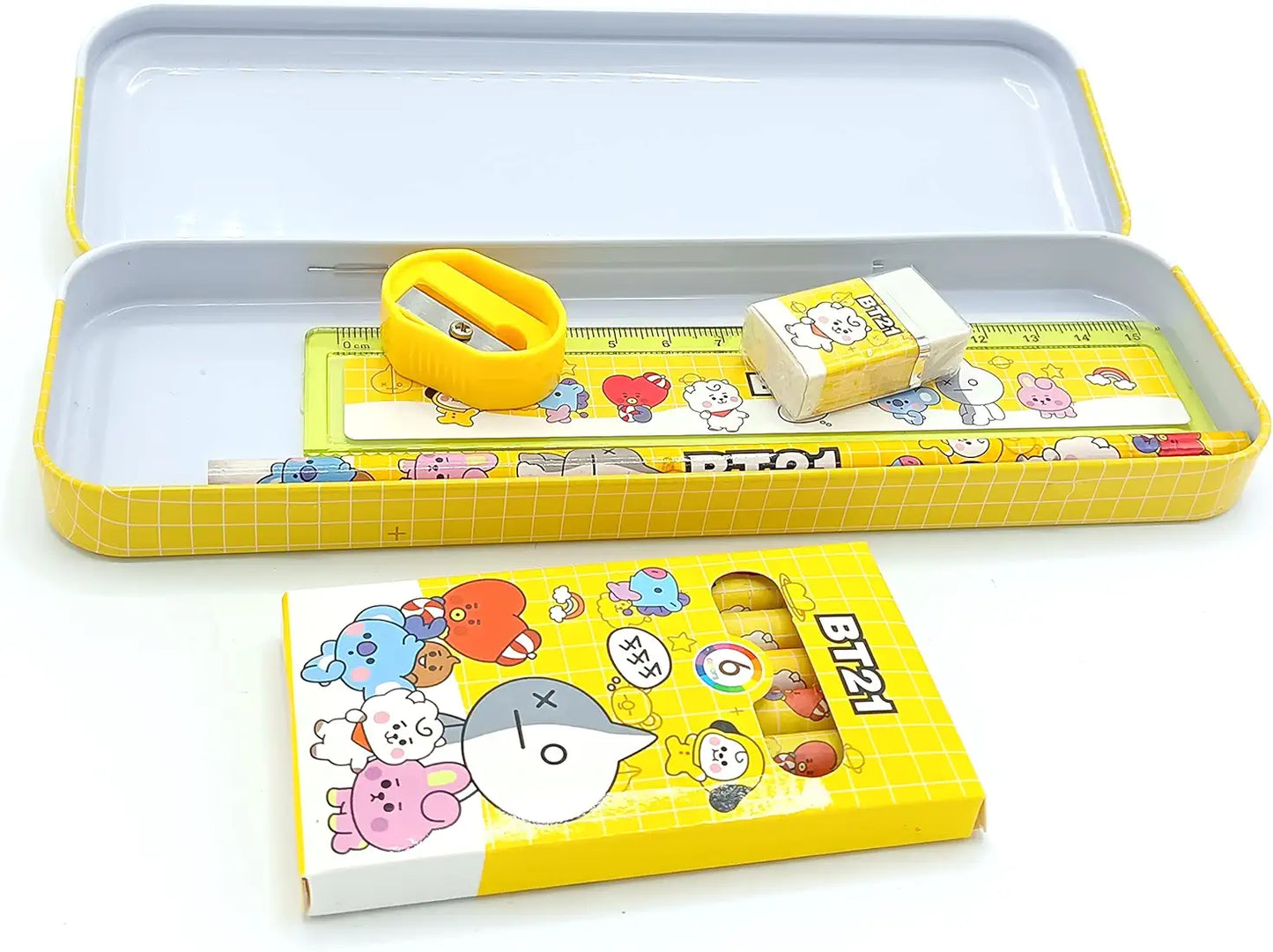 Cartoon character themed Stationery kit set for kids Metal box,Pencils,Sharpener,Eraser,Scale, Crayon Birthday Return Gifts