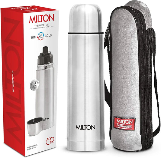 Milton Flip Lid 500 Thermosteel Vacuum Insulated Double Walled Flask with Drinking Cup lid & Jacket,500 ml Water Bottle,24 Hours Hot & Cold,Easy to Carry,Easy Grip,Rust Proof,Tea,Travel Bottle,Silver