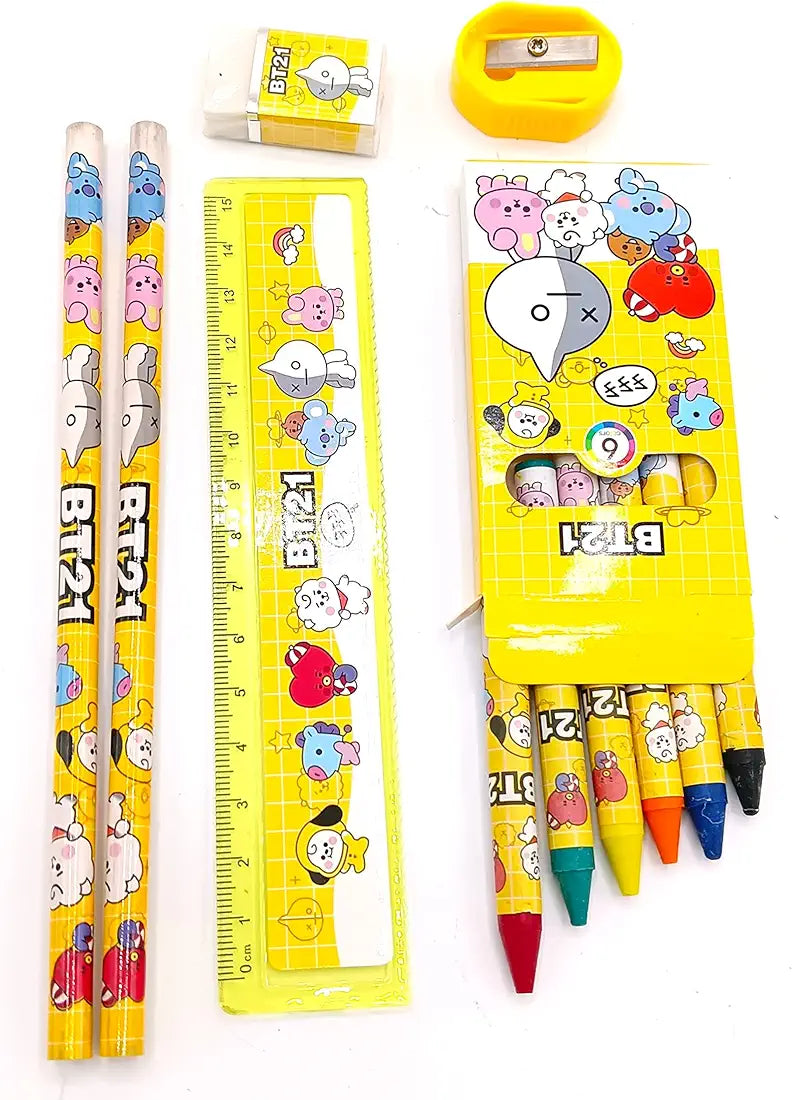 Cartoon character themed Stationery kit set for kids Metal box,Pencils,Sharpener,Eraser,Scale, Crayon Birthday Return Gifts