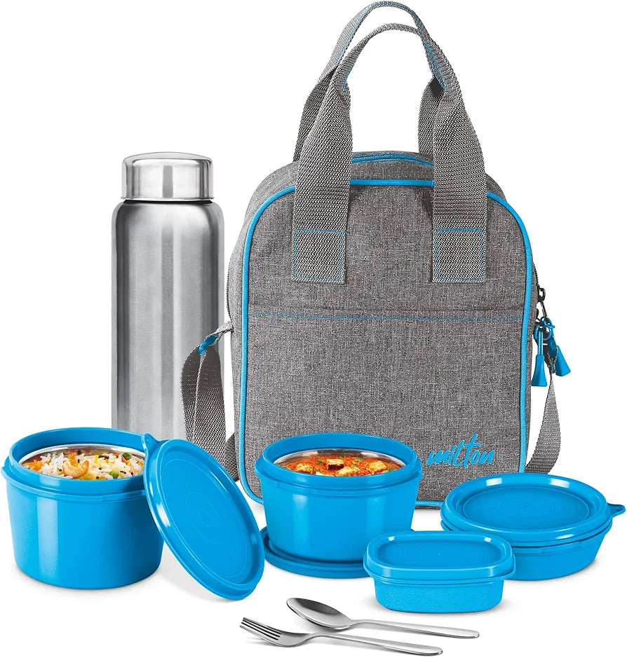 MILTON Savor Lunch Box with Insulated Jacket, 3 Inner Stainless Steel Containers,Steel Bottle,Spoon & Fork Microwaveable & Leak-Proof lunch box