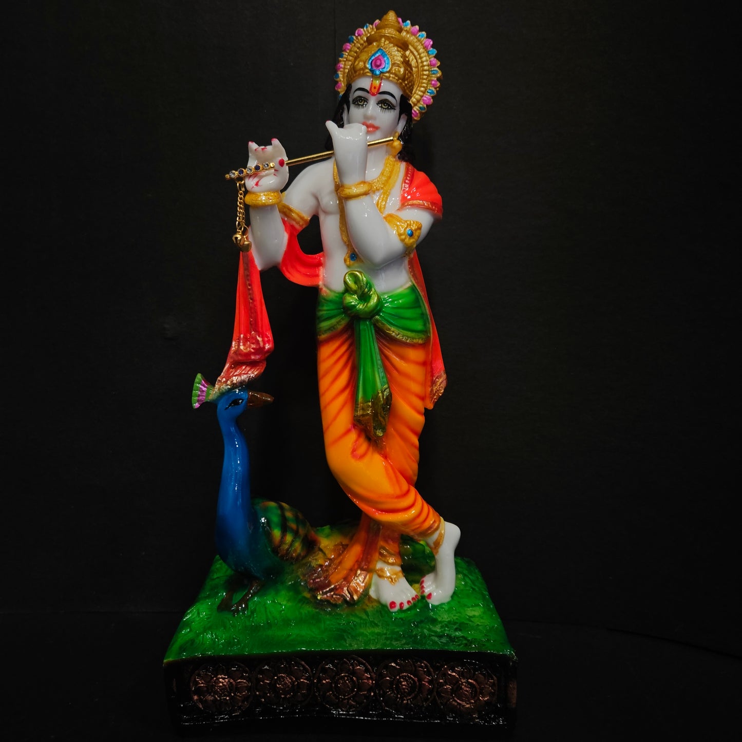 Lord Krishna murti with peacock playing flute in standing posture Idol for home pooja