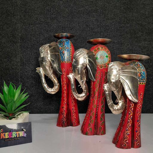 ELEPHANT TIKLA CANDLE STAND SET OF 3 COLOR EMBOSSED