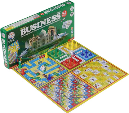 Business India Board Game 5 in 1 Board Game with Other Games Like Ludo Snakes Ladder Car Rally and Cricket