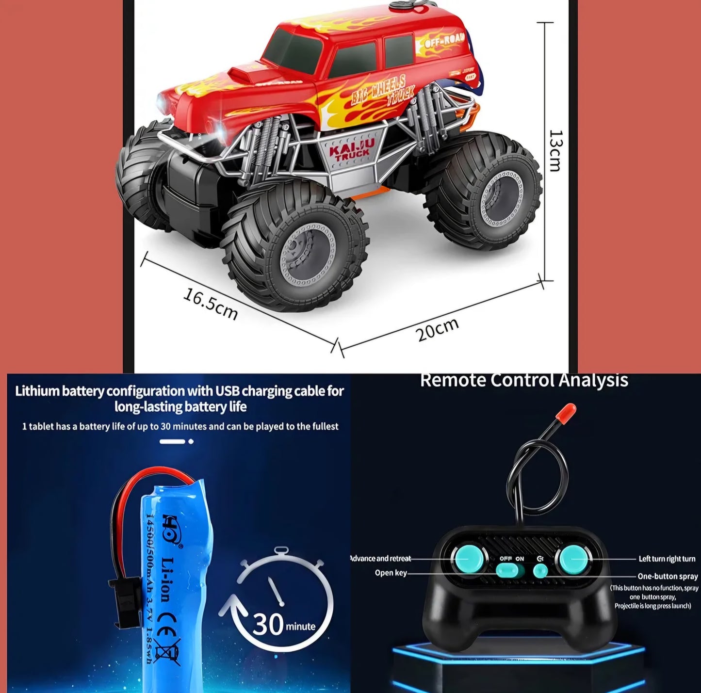 Rechargeable Remote Control Monster Truck for Kids 2 Speeds Smoke and Mist Lithium Battery Remote Control Truck