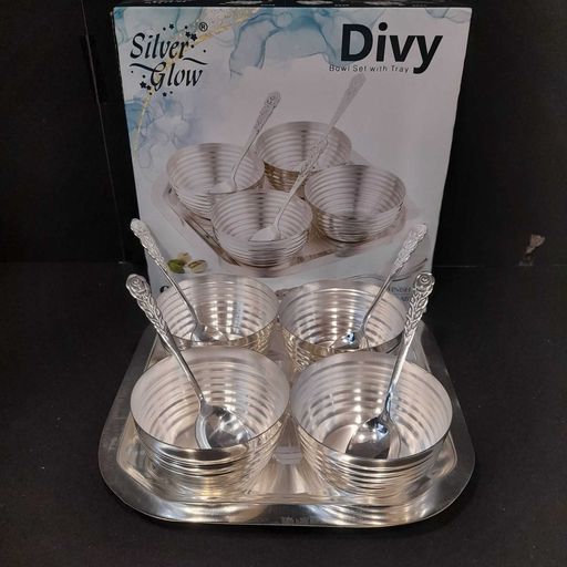 silver coated 4 bowls serving set with tray