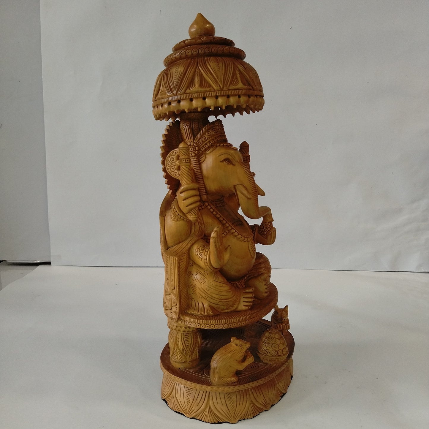 Wooden Ganesh W/Umb. On Base W/2 Rats Super Fine