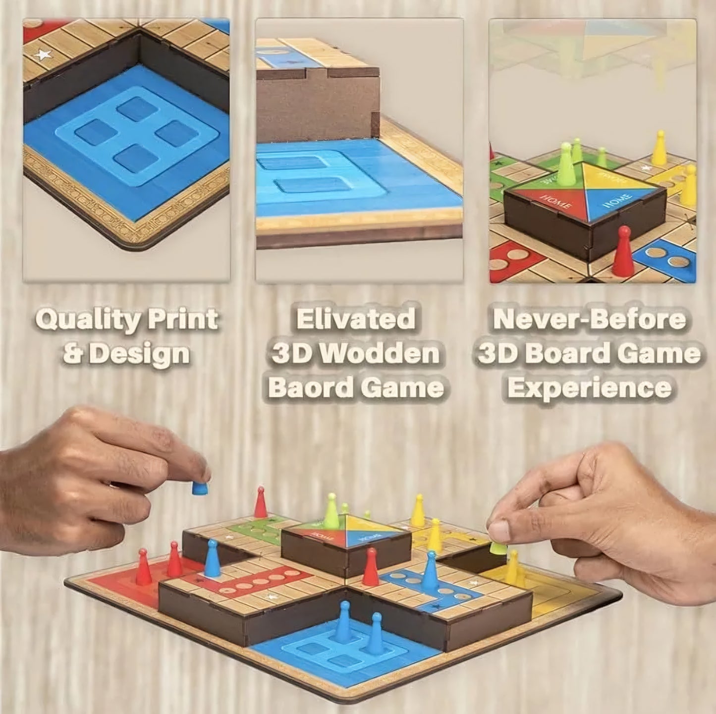 New Kids 3D Ludo MDF Wooden Board Game Play Family Fun with for Kids and Adults