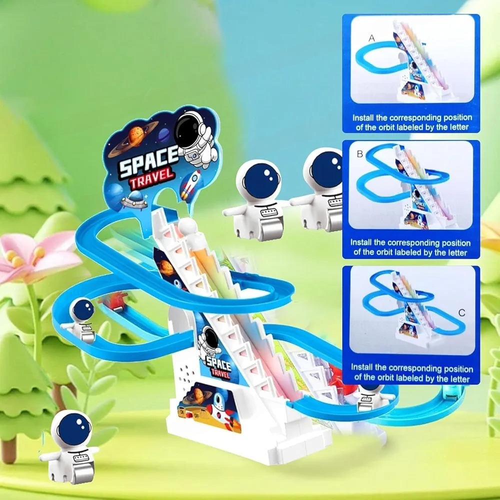 Astronaut Slide Toy Set Fun Automatic Stair Climb Astronaut Cartoon Race Track Set Little Lovely Astronaut Slide Toy Escalator Toy with Lights and Music