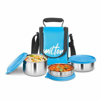 Milton Steel Softline a lunch box set with three stainless steel containers stainless steel, easy to carry, light weight, odour proof, leak proof lunch box